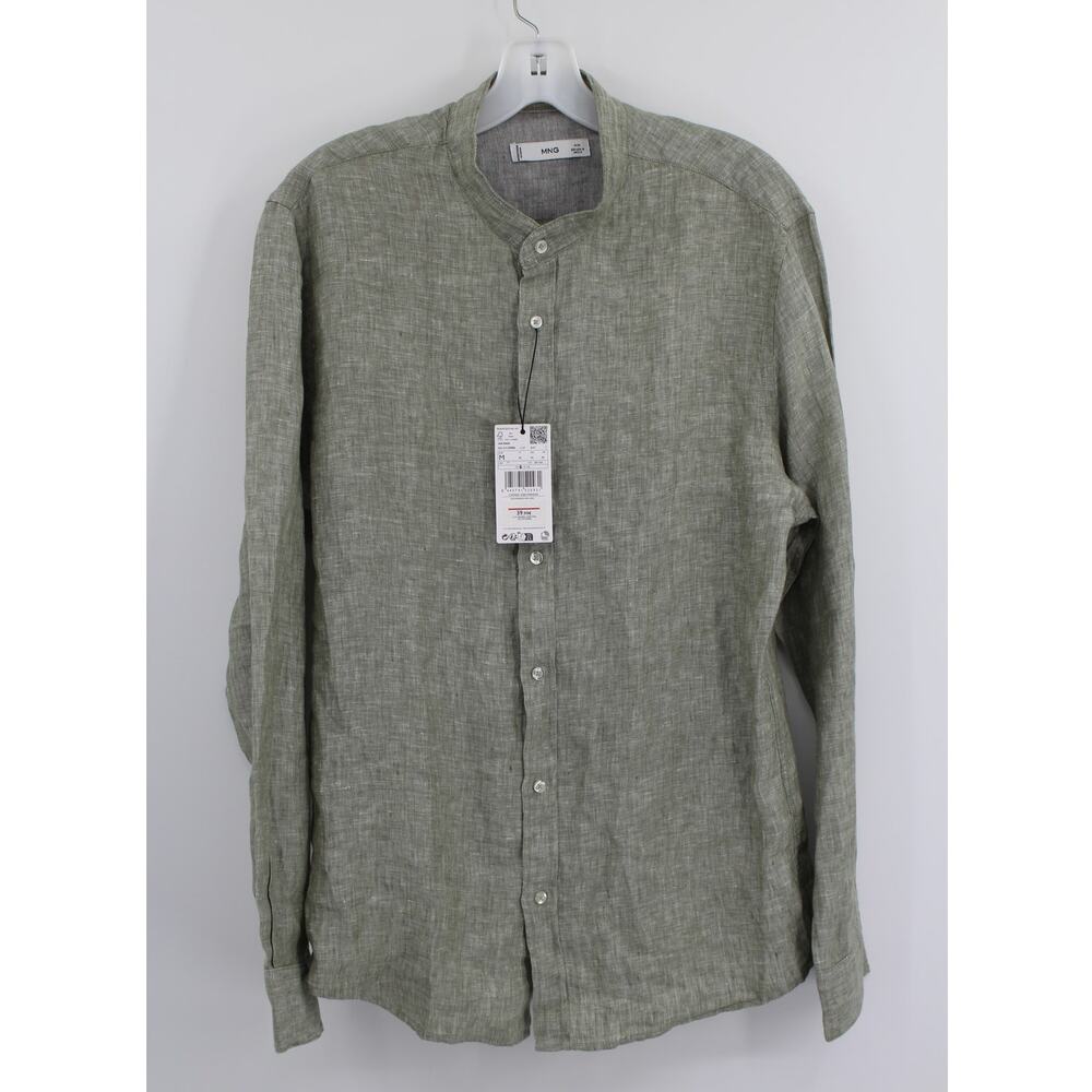 MNG Mango Mens 100% linen Mao collar shirt Green Slim Fit Medium NEW